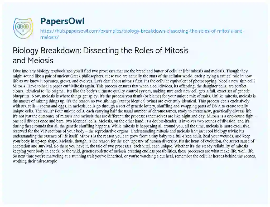 Essay on Biology Breakdown: Dissecting the Roles of Mitosis and Meiosis