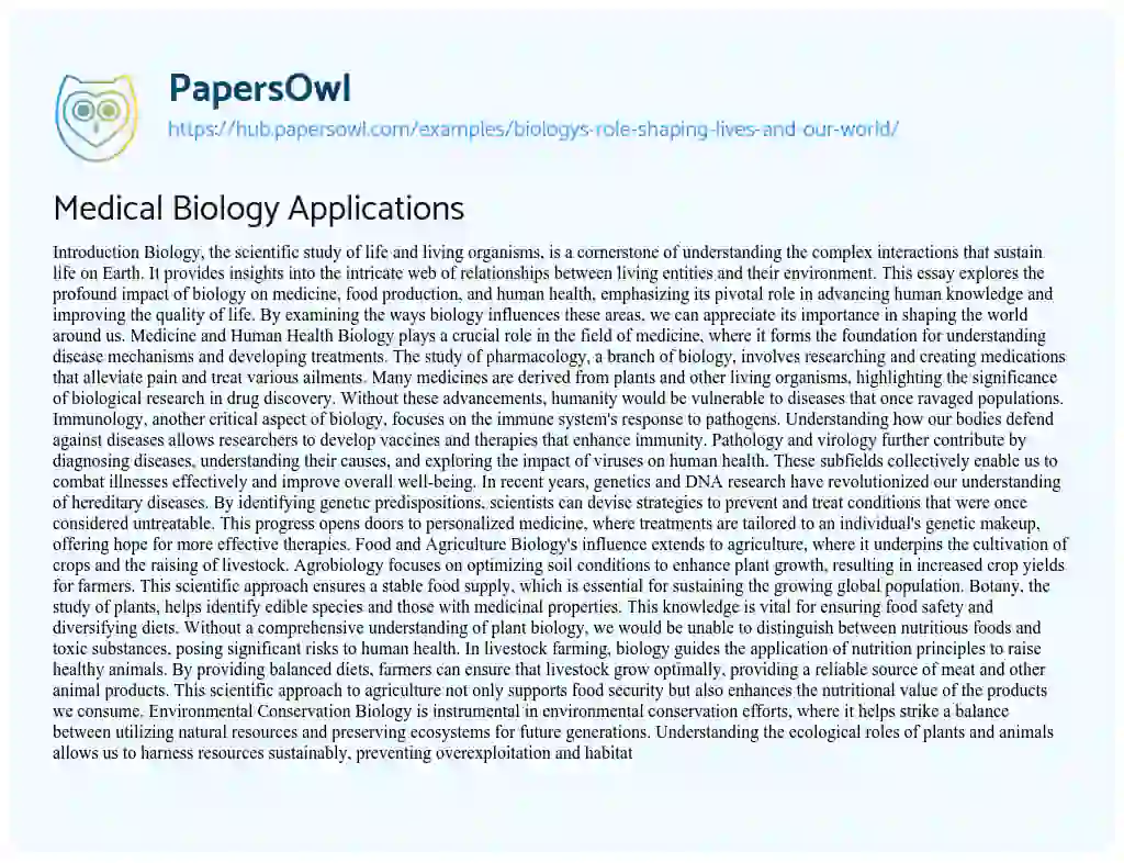 Essay on Medical Biology Applications