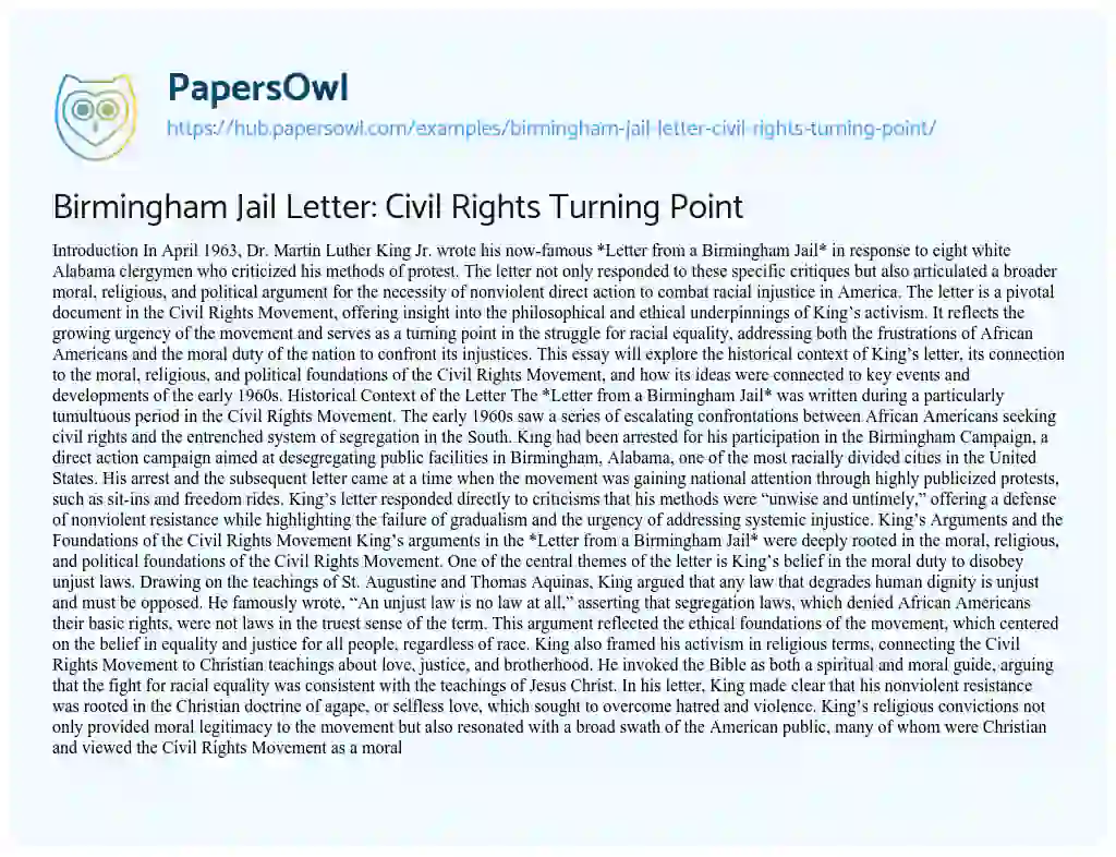 Essay on Birmingham Jail Letter: Civil Rights Turning Point