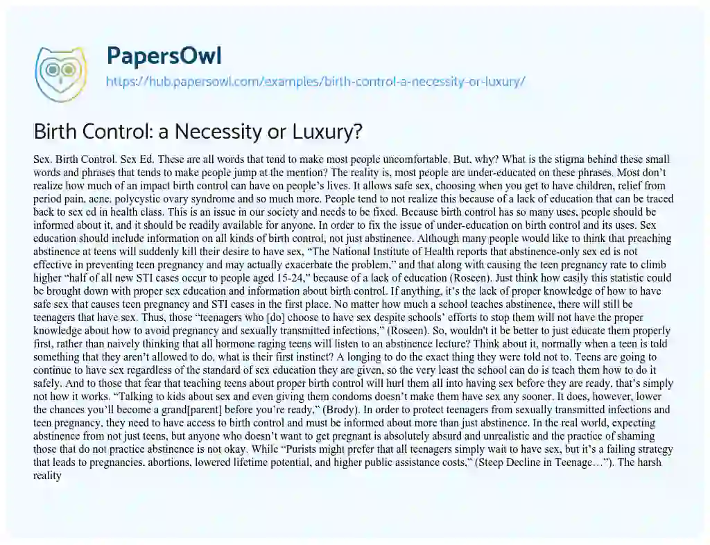 Essay on Birth Control: a Necessity or Luxury?