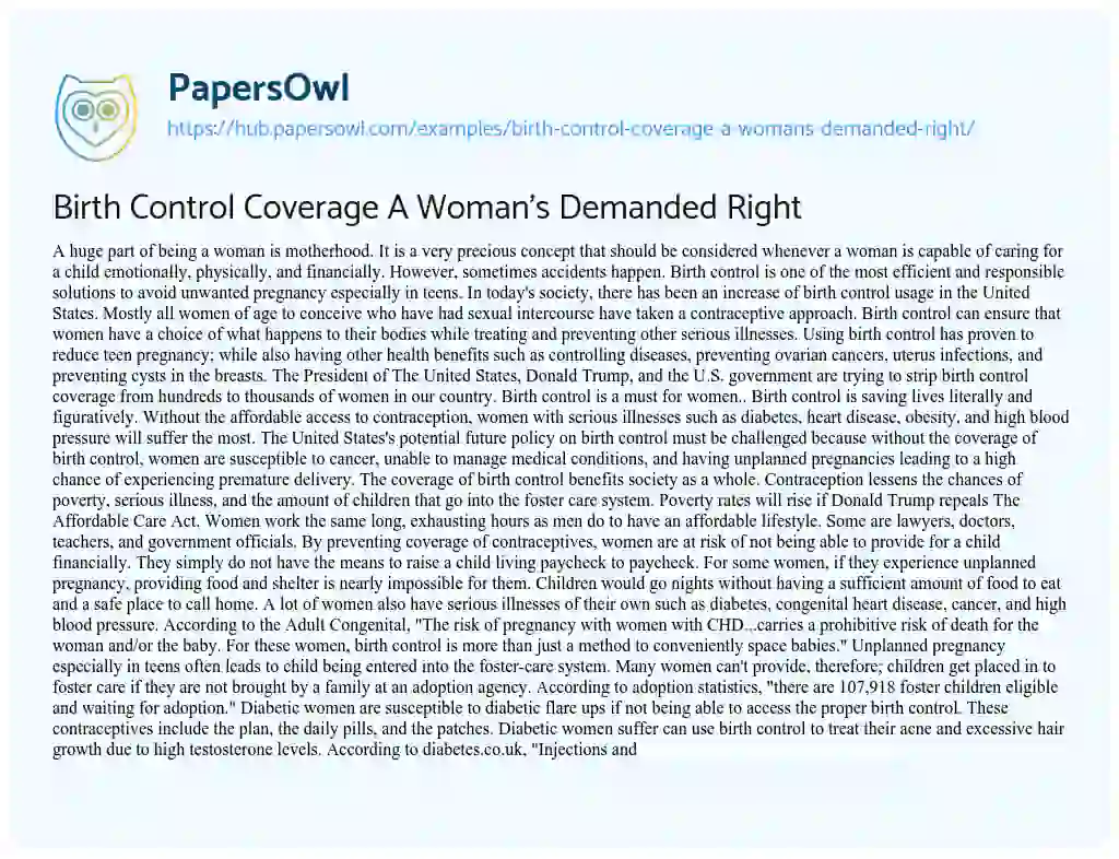 Essay on Birth Control Coverage A Woman’s Demanded Right