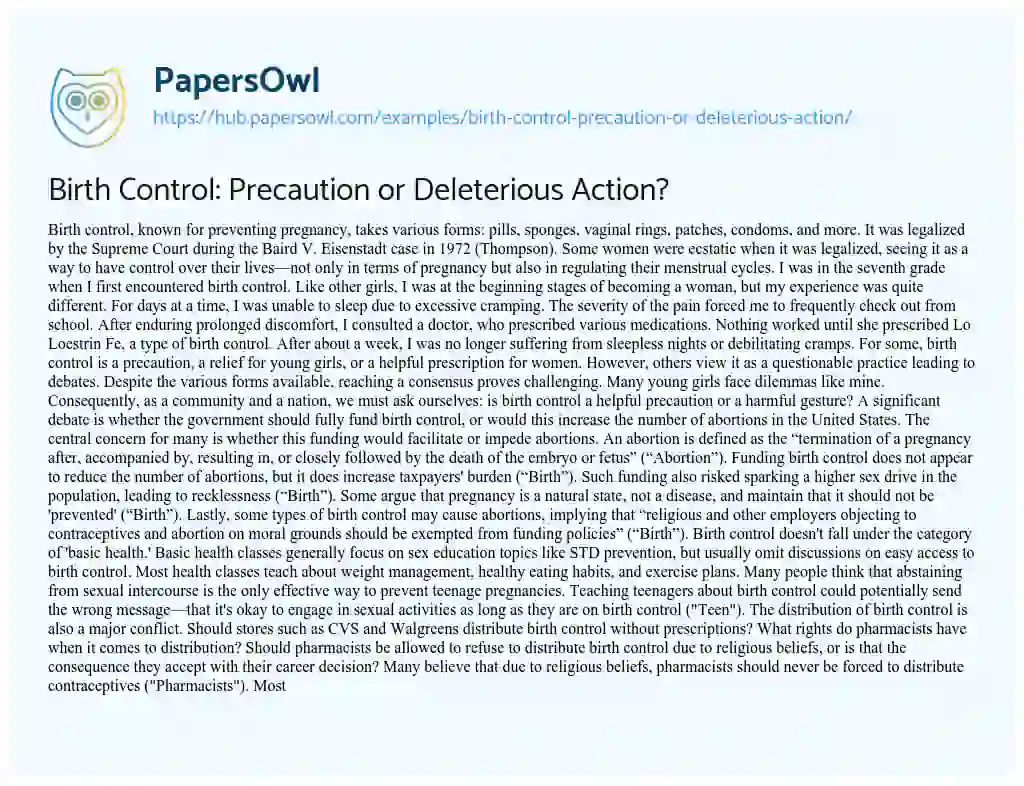 Essay on Birth Control: Precaution or Deleterious Action?