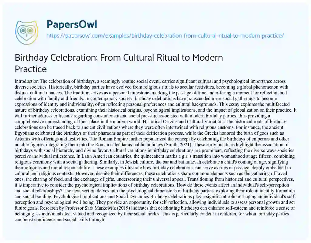 Essay on Birthday Celebration: From Cultural Ritual to Modern Practice