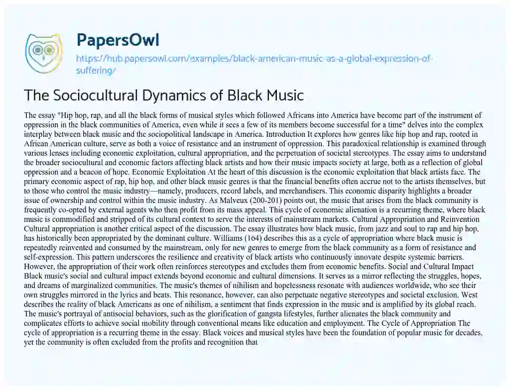 Essay on The Sociocultural Dynamics of Black Music
