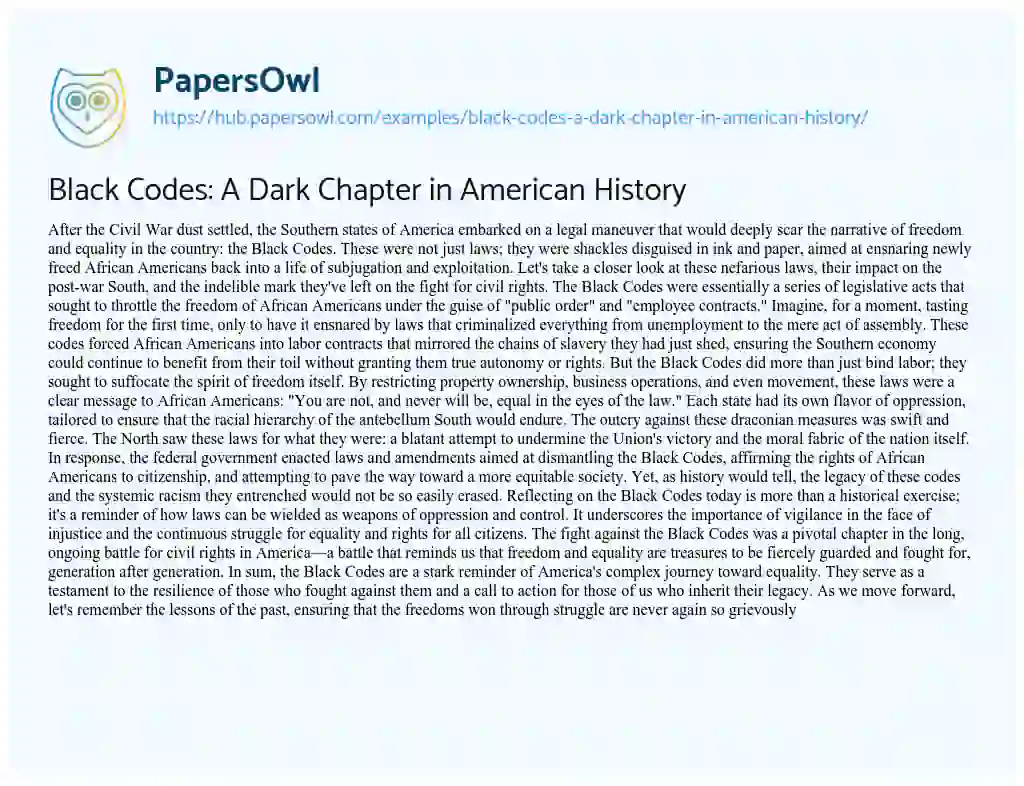 Essay on Black Codes: A Dark Chapter in American History