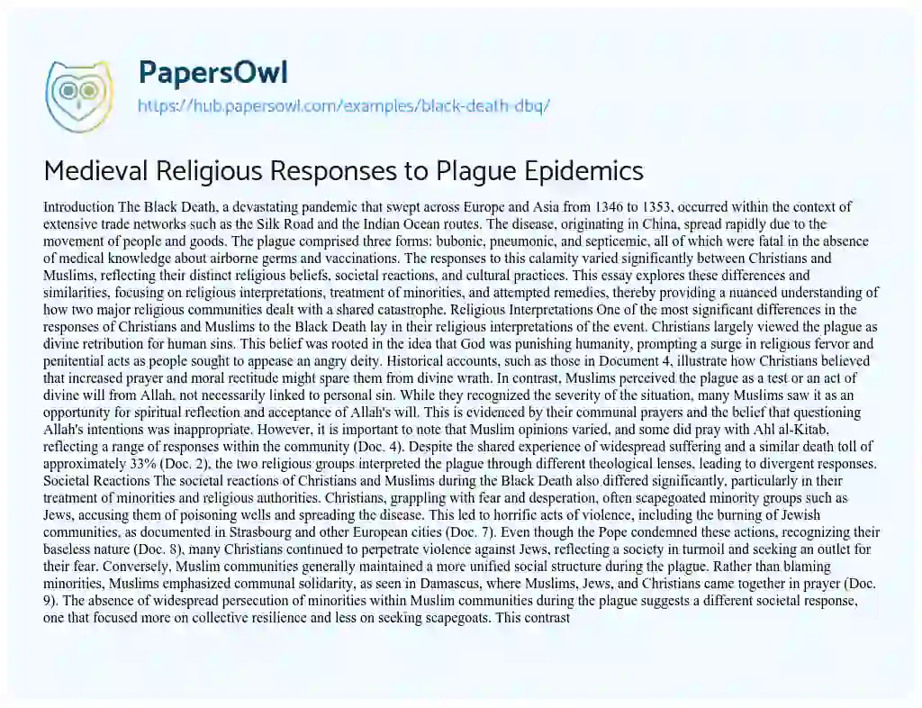 Essay on Medieval Religious Responses to Plague Epidemics