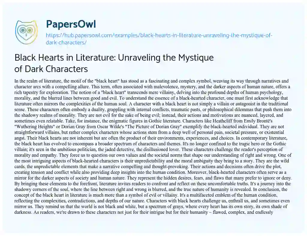 Essay on Black Hearts in Literature: Unraveling the Mystique of Dark Characters