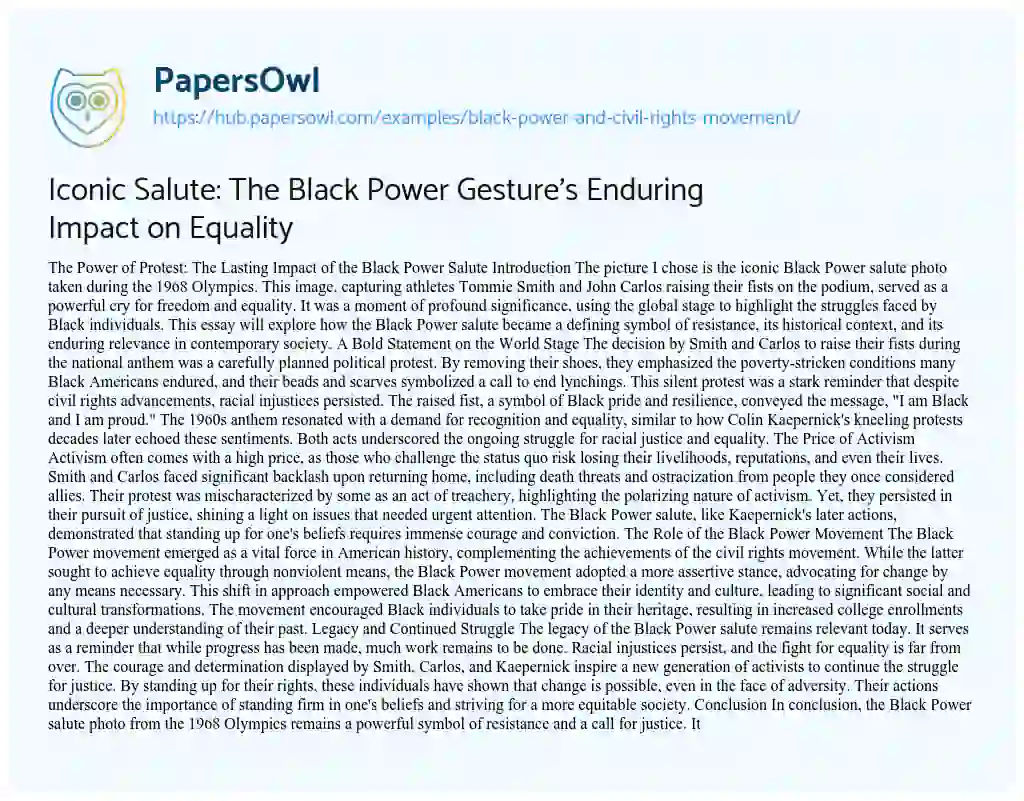 Essay on Iconic Salute: The Black Power Gesture’s Enduring Impact on Equality