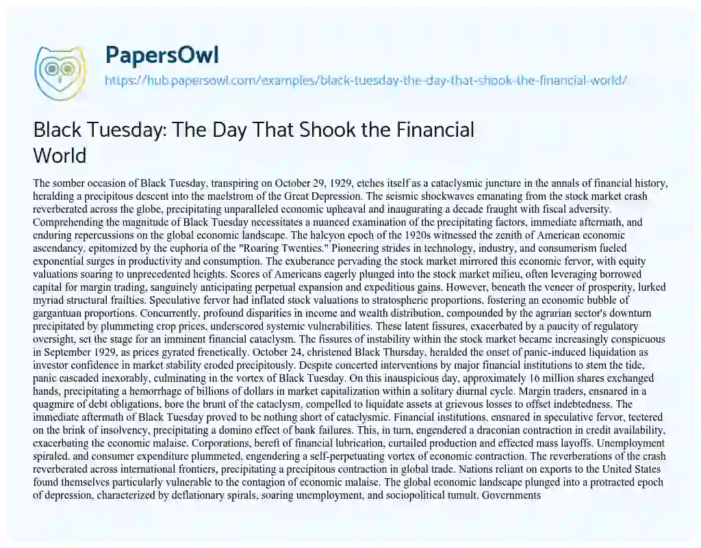 Essay on Black Tuesday: The Day That Shook the Financial World