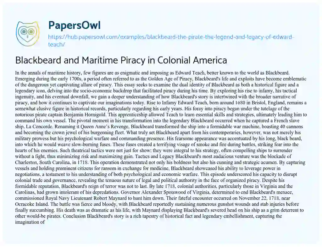 Essay on Blackbeard and Maritime Piracy in Colonial America