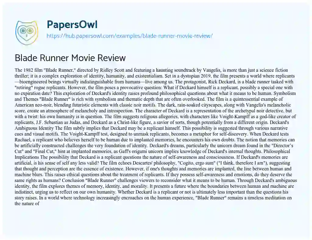 Essay on Blade Runner Movie Review