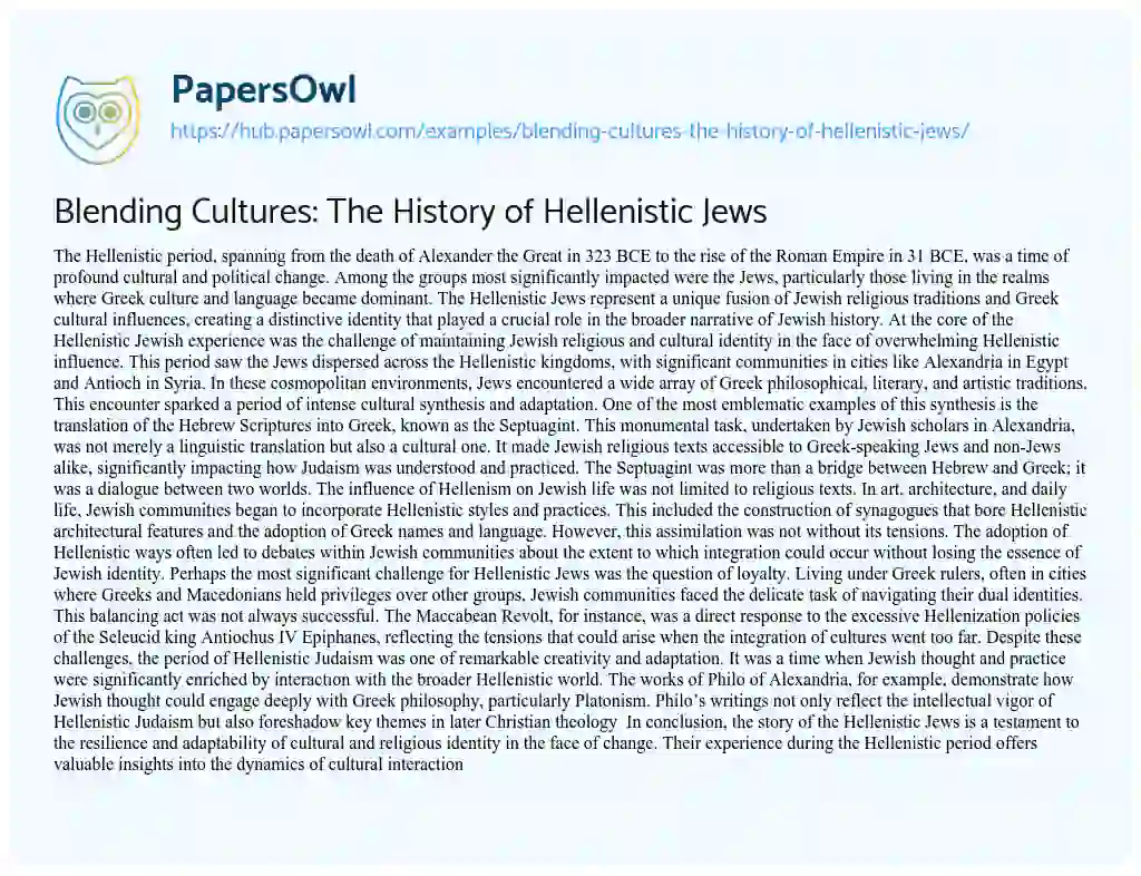 Essay on Blending Cultures: The History of Hellenistic Jews