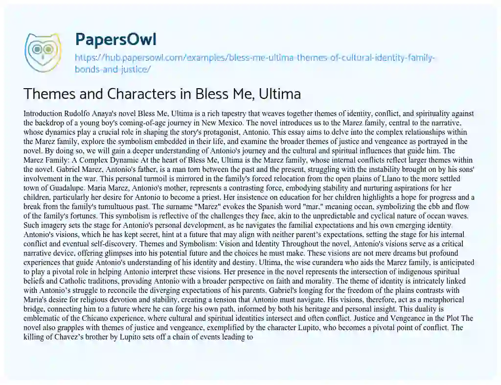 Essay on Themes and Characters in Bless Me, Ultima