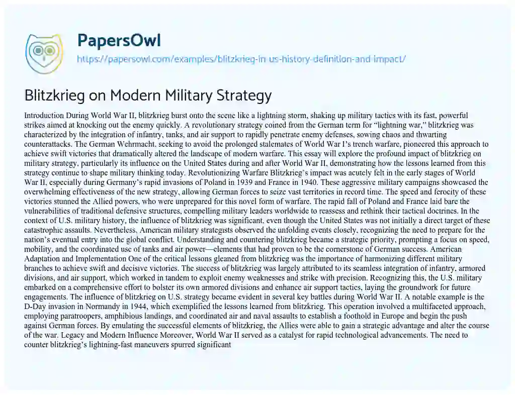 Essay on Blitzkrieg on Modern Military Strategy