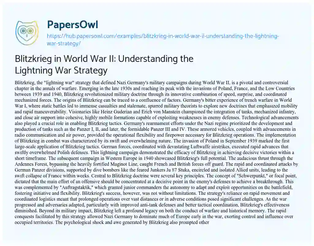 Essay on Blitzkrieg in World War II: Understanding the Lightning War Strategy