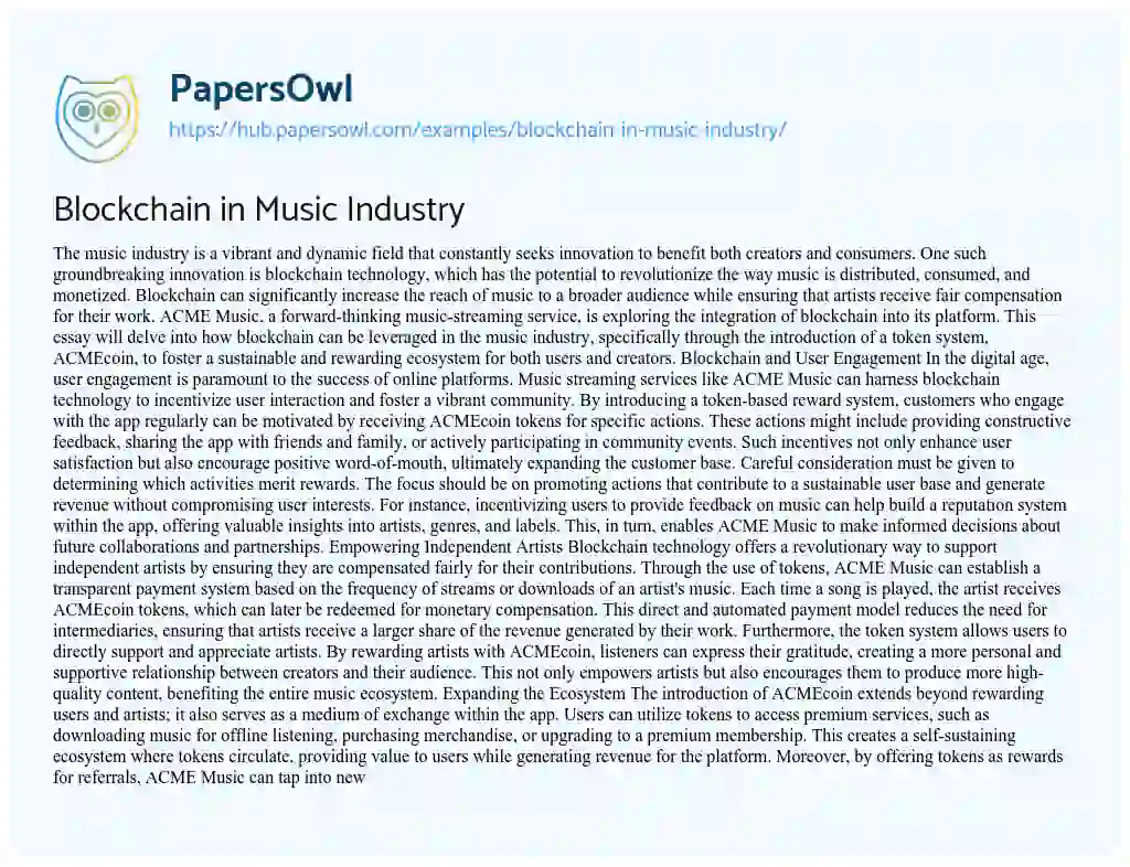 Essay on Blockchain in Music Industry