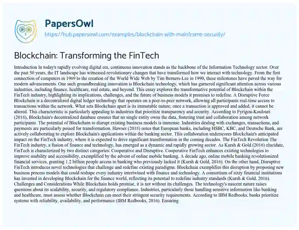 Essay on Blockchain: Transforming the FinTech