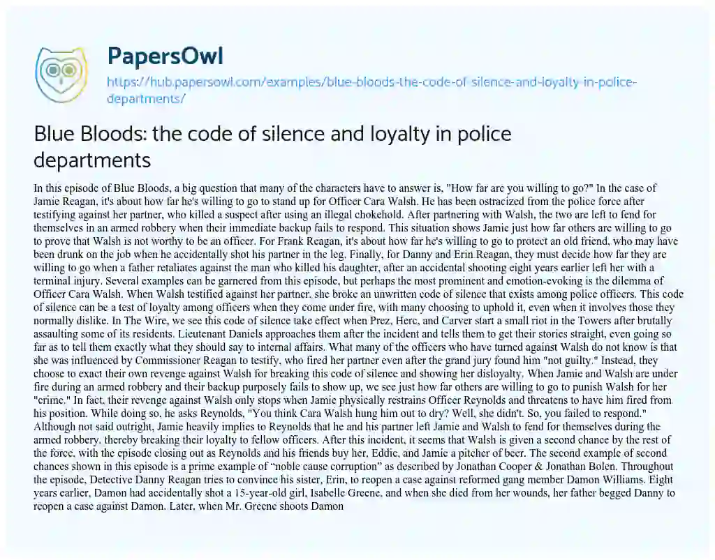 Essay on Blue Bloods: the code of silence and loyalty in police departments
