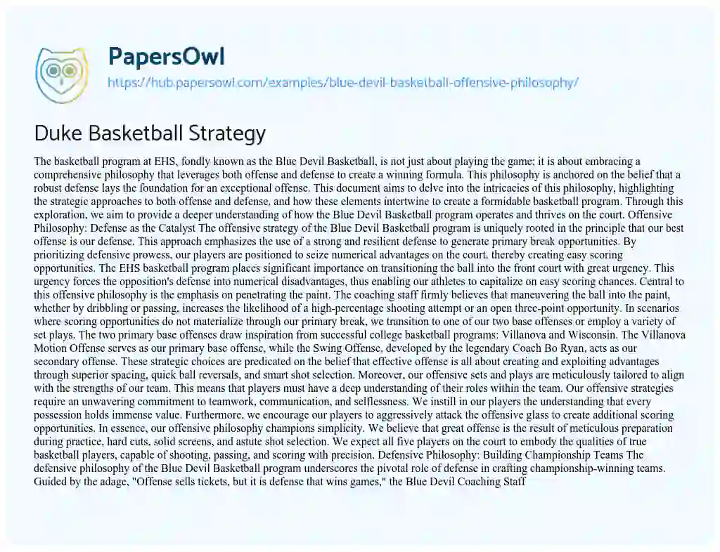 Essay on Duke Basketball Strategy