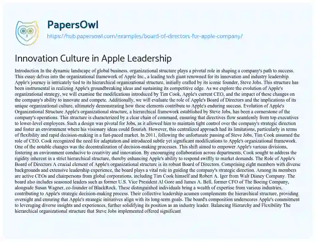 Essay on Innovation Culture in Apple Leadership