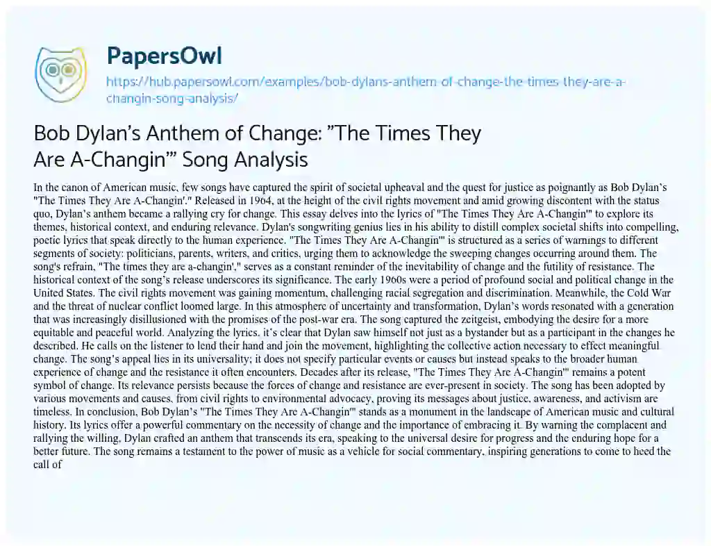 Essay on Bob Dylan’s Anthem of Change: “The Times They Are A-Changin'” Song Analysis
