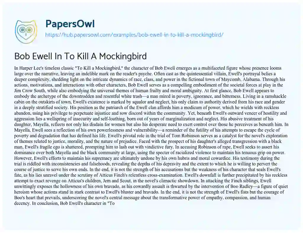 Essay on Bob Ewell In To Kill A Mockingbird