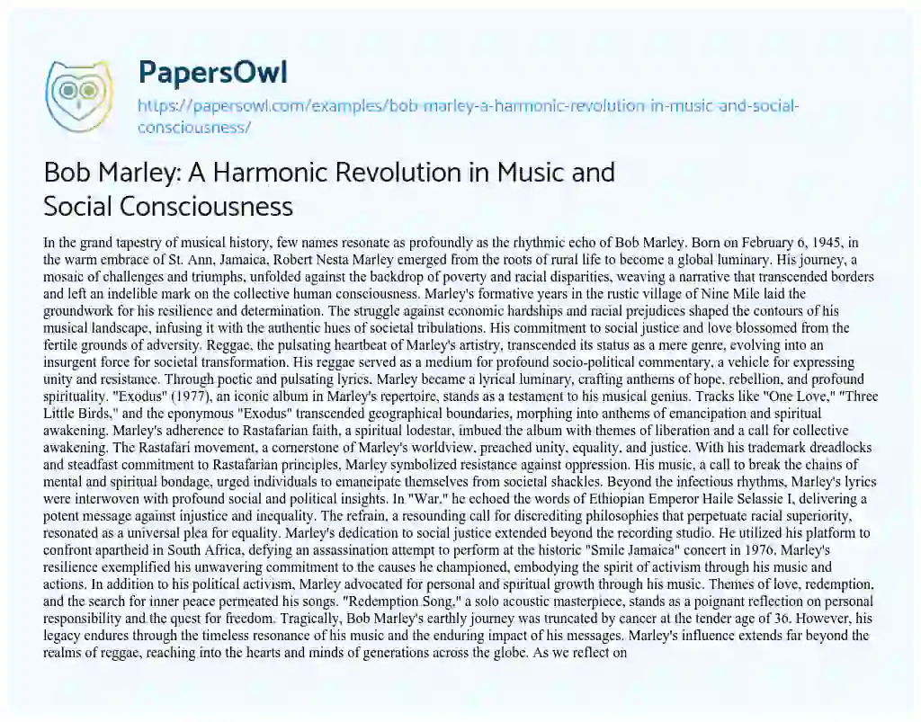 Essay on Bob Marley: A Harmonic Revolution in Music and Social Consciousness