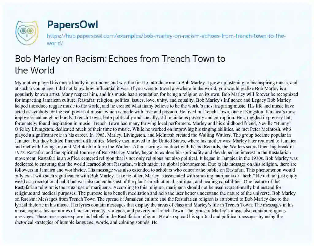 Essay on Bob Marley on Racism: Echoes from Trench Town to the World
