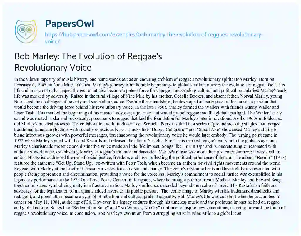 Essay on Bob Marley: The Evolution of Reggae’s Revolutionary Voice