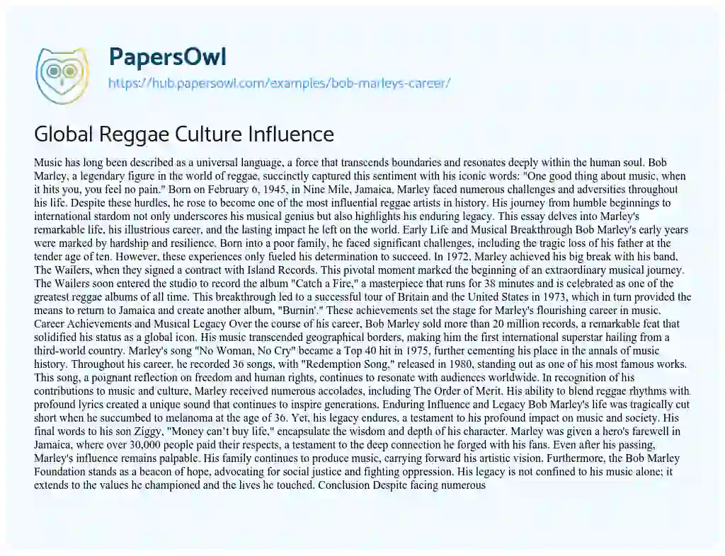 Essay on Global Reggae Culture Influence
