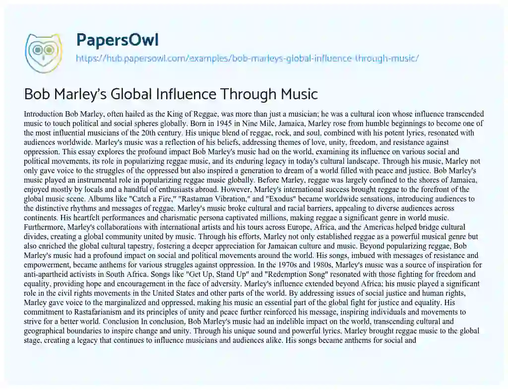 Essay on Bob Marley’s Global Influence Through Music