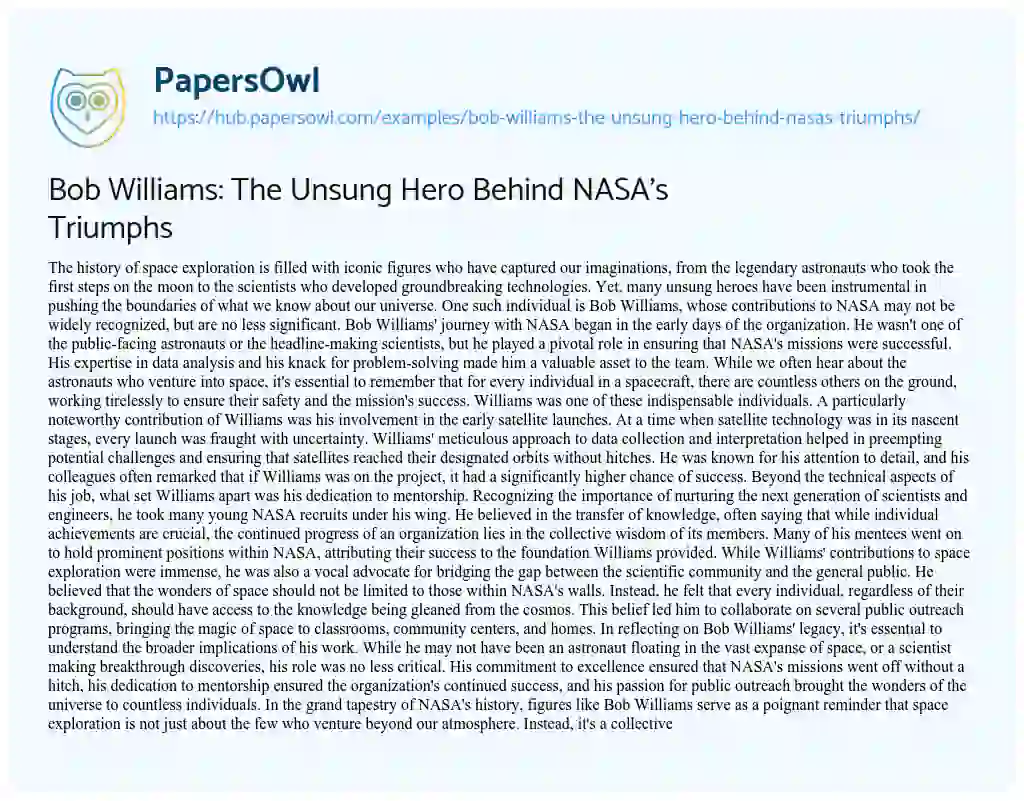 Essay on Bob Williams: The Unsung Hero Behind NASA’s Triumphs