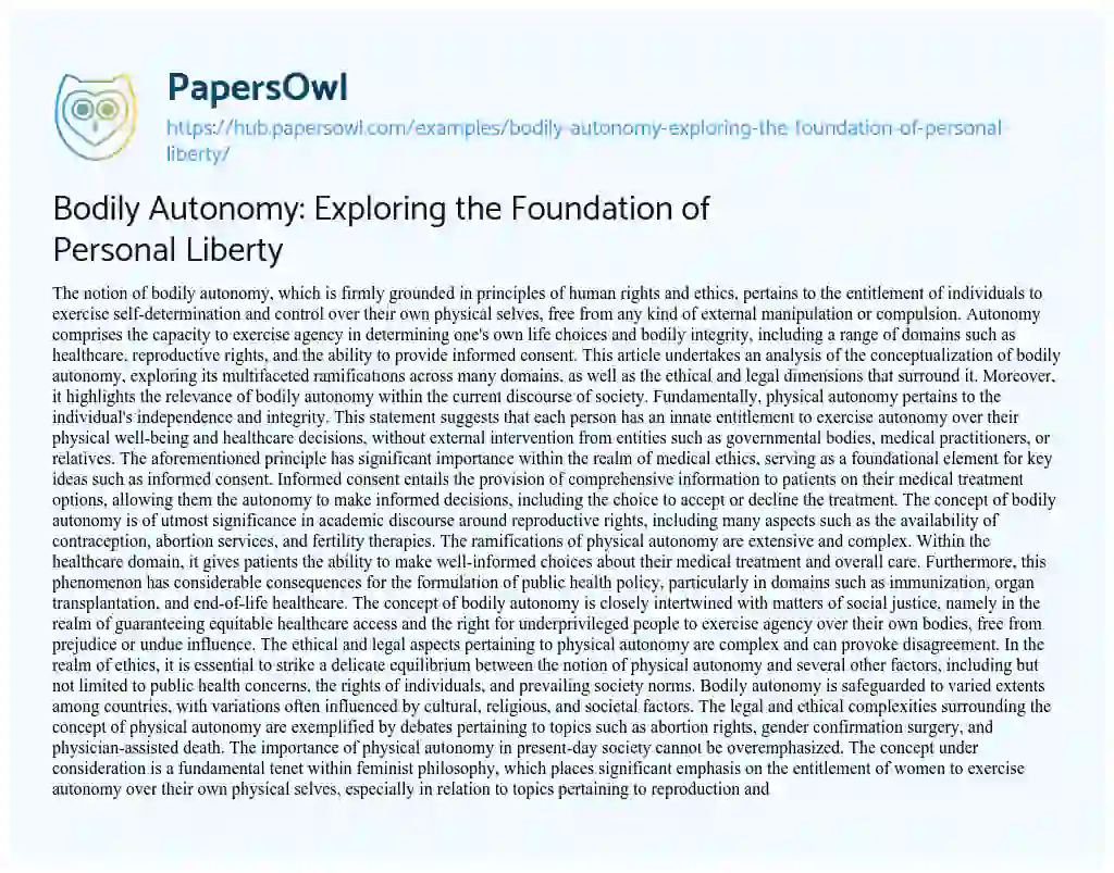 Essay on Bodily Autonomy: Exploring the Foundation of Personal Liberty