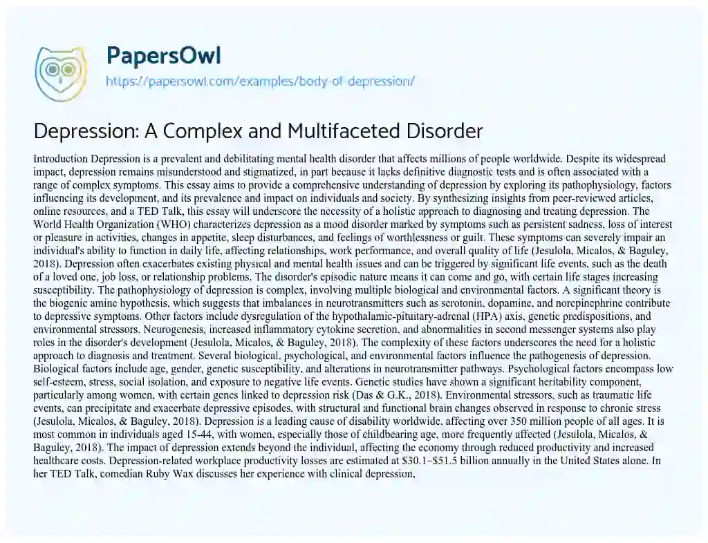 Essay on Depression: A Complex and Multifaceted Disorder