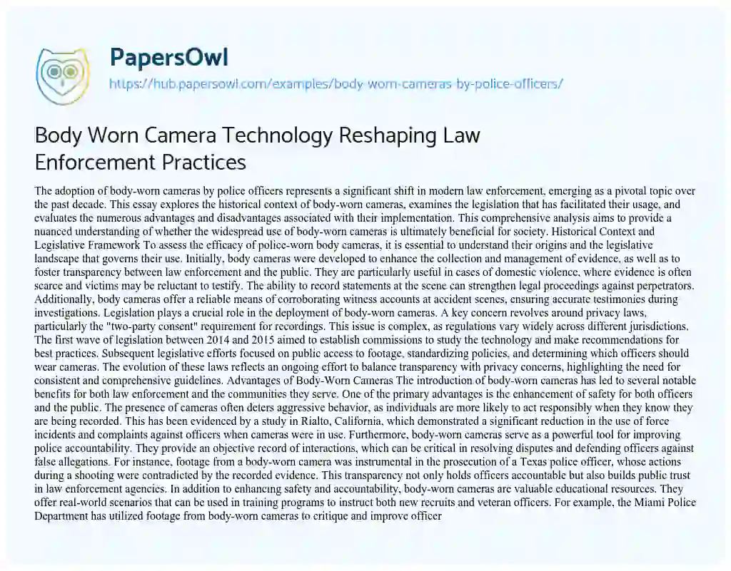 Essay on Body Worn Camera Technology Reshaping Law Enforcement Practices