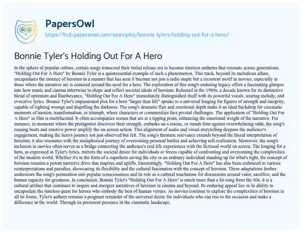 Essay on Bonnie Tyler’s Holding Out For A Hero