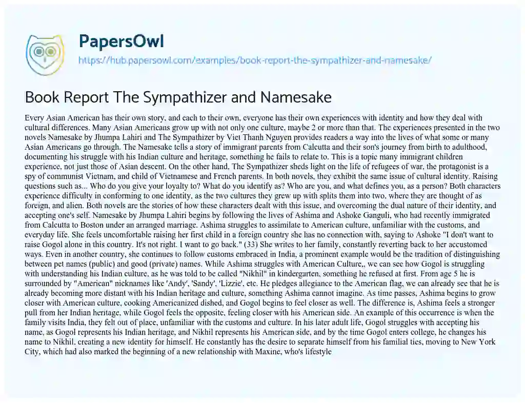 Essay on Book Report The Sympathizer and Namesake