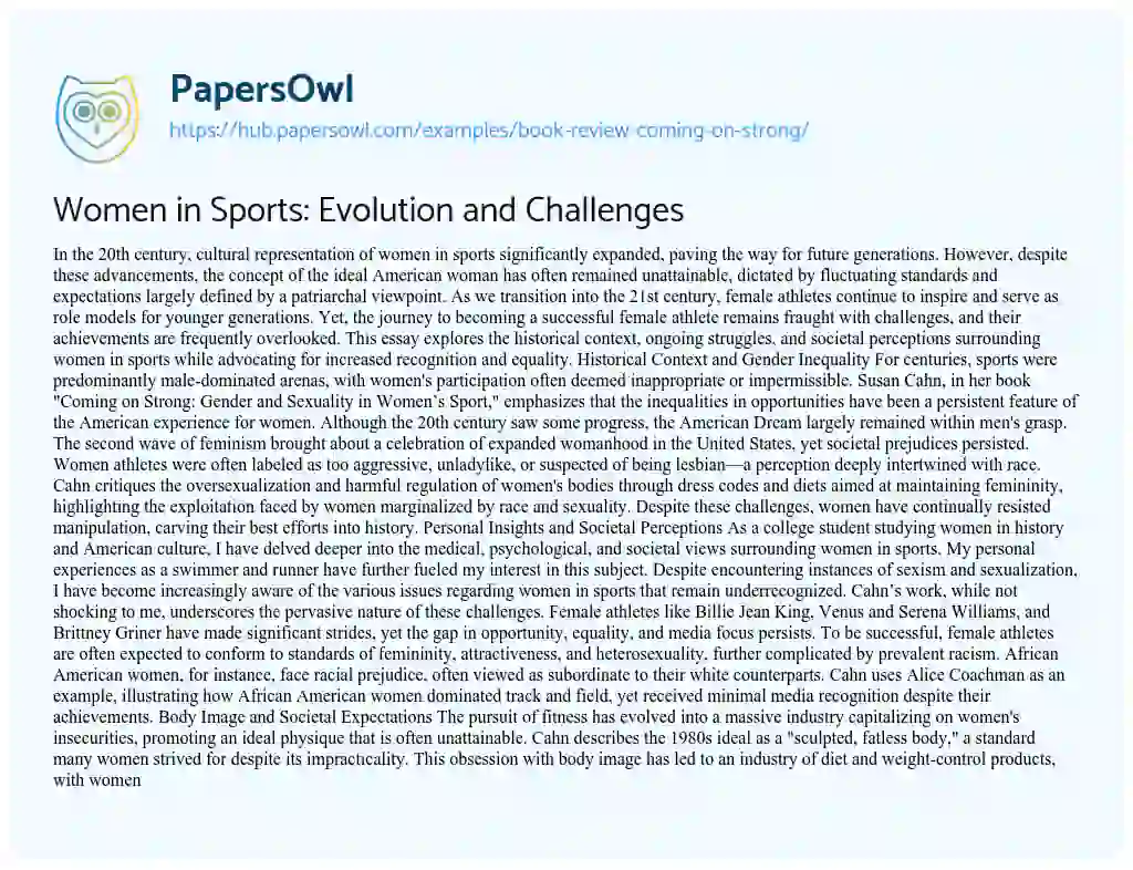 Essay on Women in Sports: Evolution and Challenges