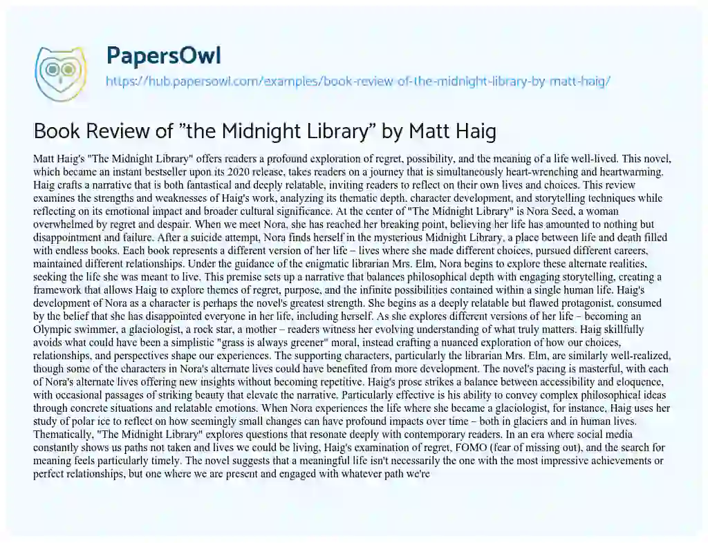 Essay on Book Review of “the Midnight Library” by Matt Haig