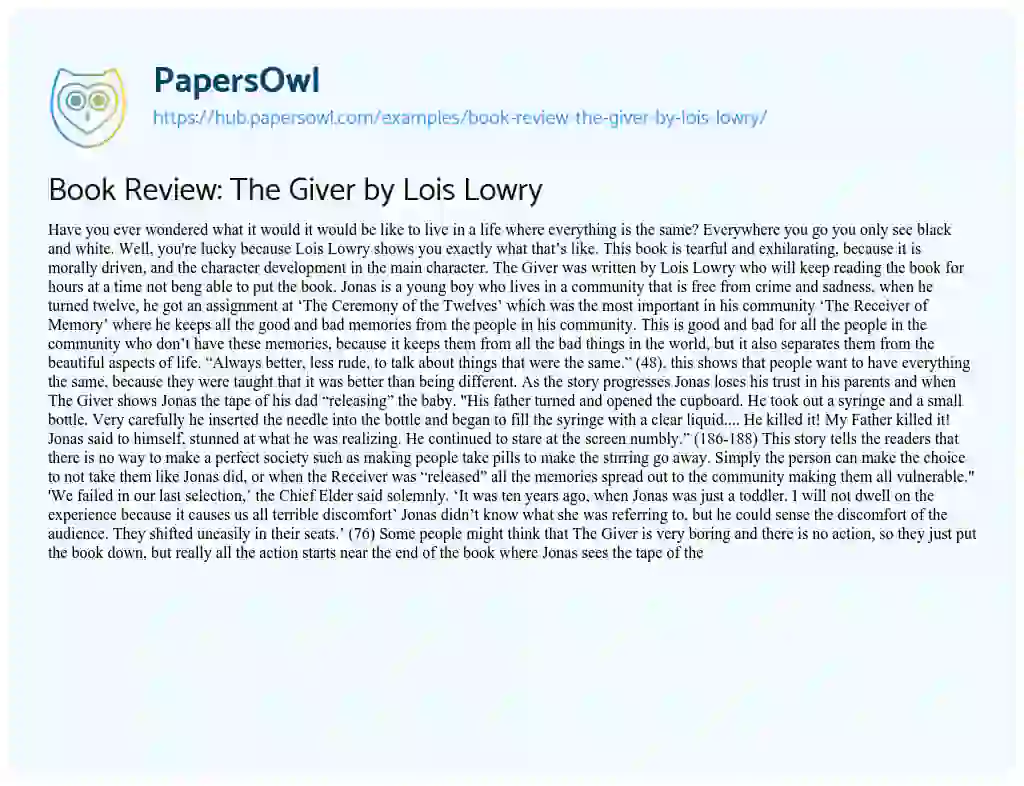 Essay on Book Review: The Giver by Lois Lowry