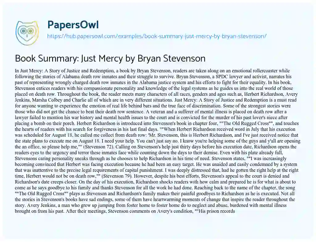Essay on Book Summary: Just Mercy by Bryan Stevenson