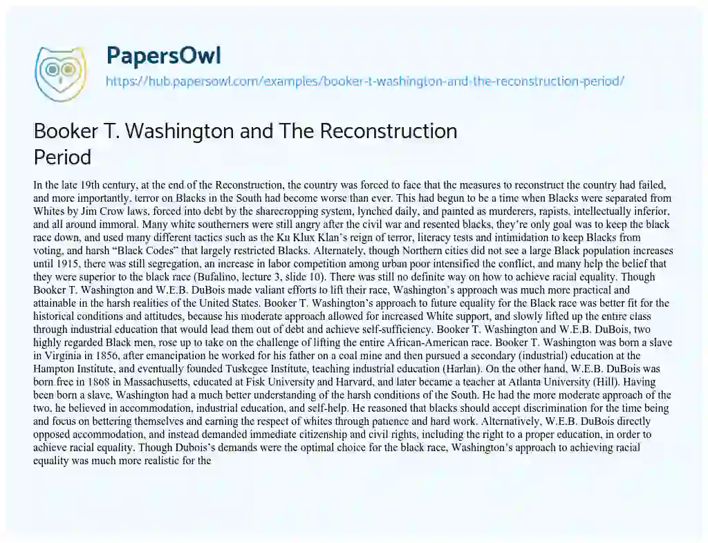 Essay on Booker T. Washington and The Reconstruction Period