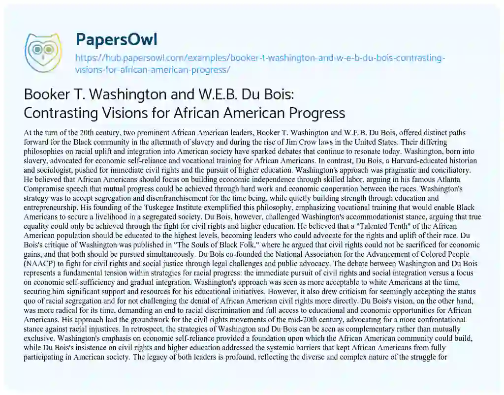 Essay on Booker T. Washington and W.E.B. Du Bois: Contrasting Visions for African American Progress