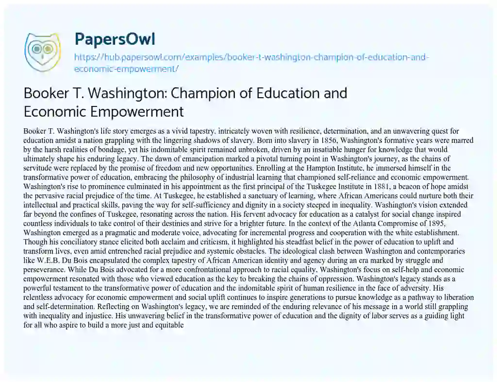 Essay on Booker T. Washington: Champion of Education and Economic Empowerment