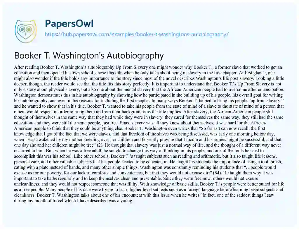 Essay on Booker T. Washington’s Autobiography