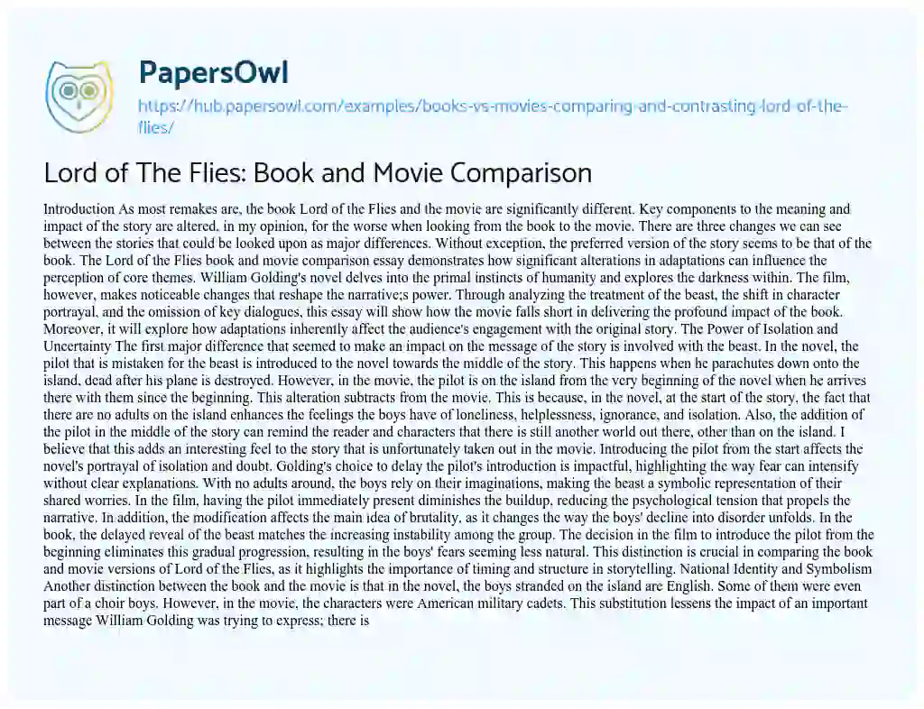 Essay on Lord of The Flies: Book and Movie Comparison
