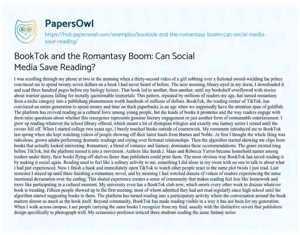 Essay on BookTok and the Romantasy Boom: Can Social Media Save Reading?