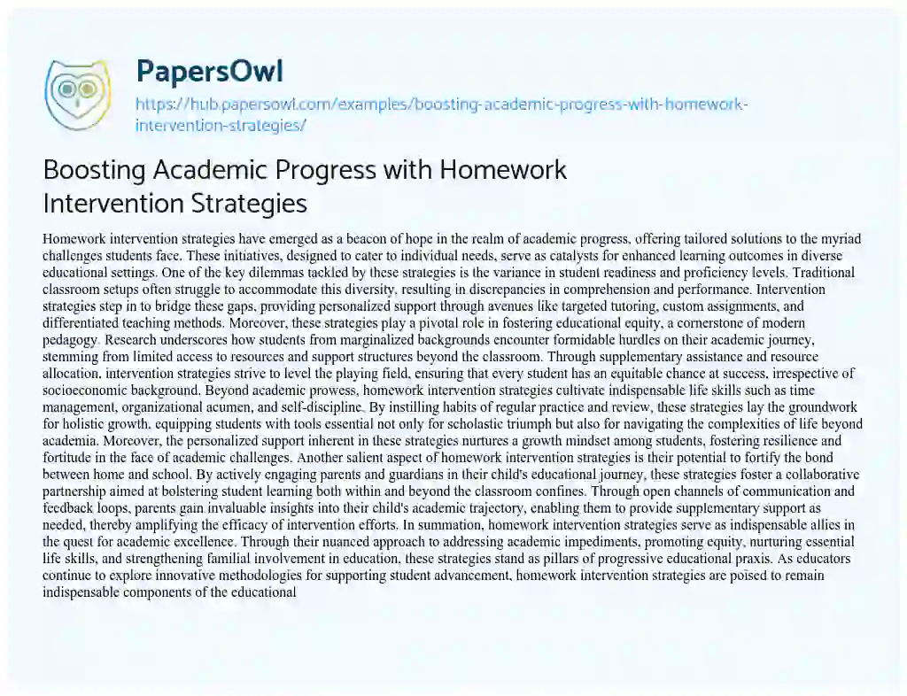 Essay on Boosting Academic Progress with Homework Intervention Strategies