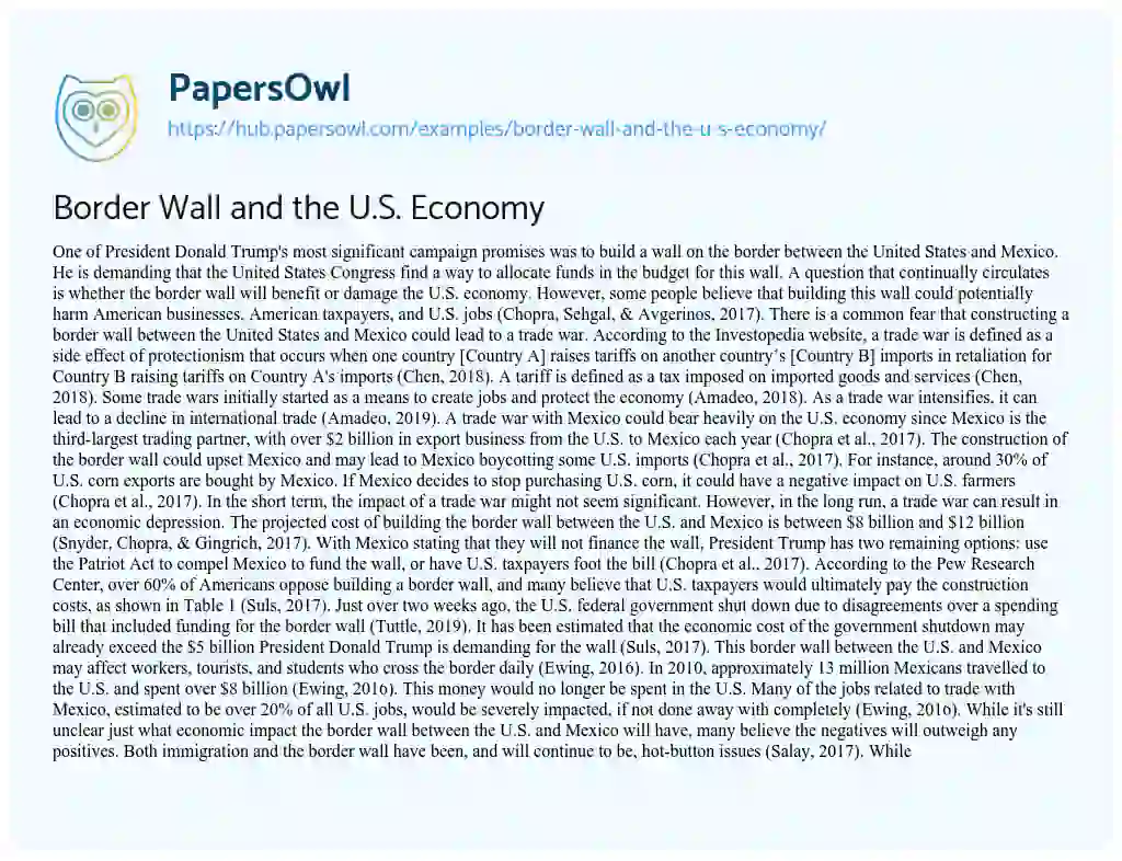 Essay on Border Wall and the U.S. Economy