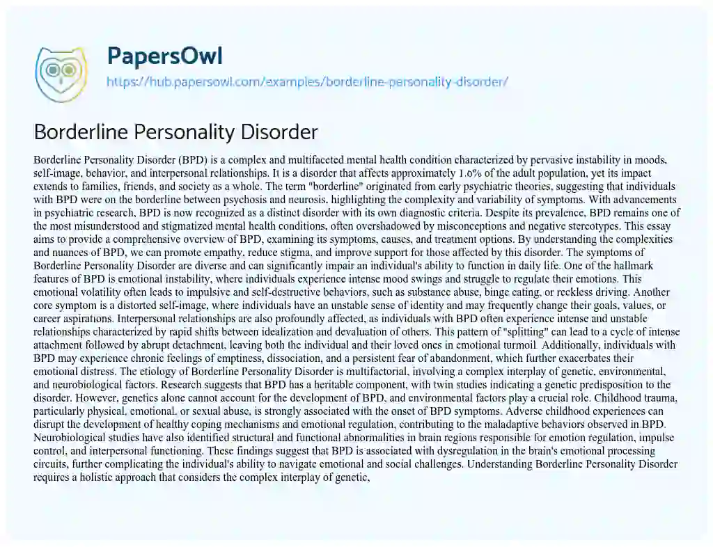 Essay on Borderline Personality Disorder